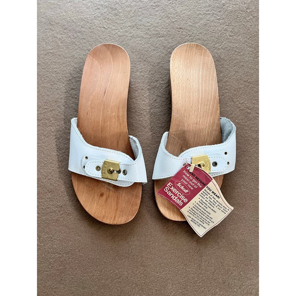 Dr. Scholl's "Old Stock" Vintage Brand New Wooden White Leather Sandals Size 8 - Picture 2 of 10